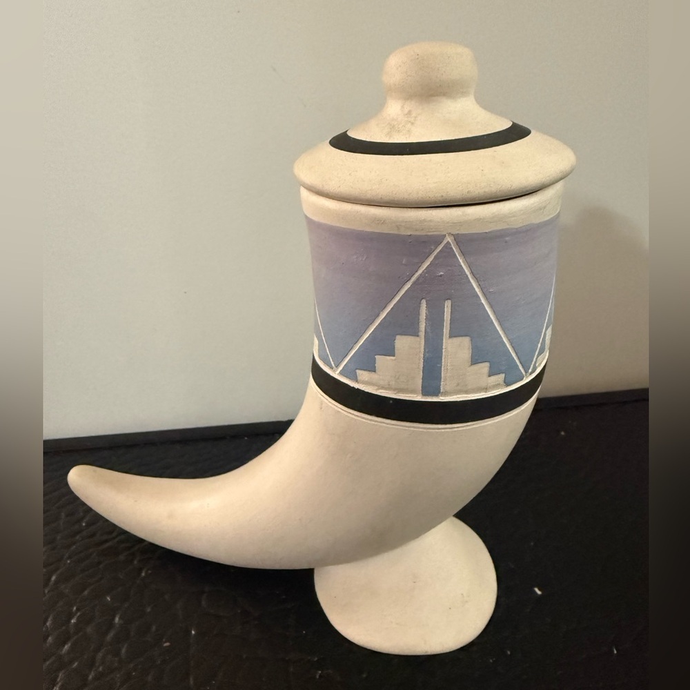 Ceramic Horn-Shaped vintage Native American Sioux hand-painted pottery.